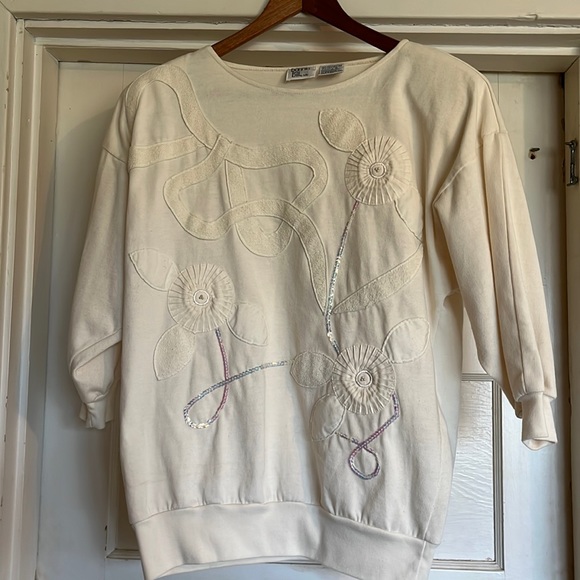 Tops - Bonnie and Bill by Holly 90s Cream Top with Shoulder Pads, 3/4 Length Sleeves| L